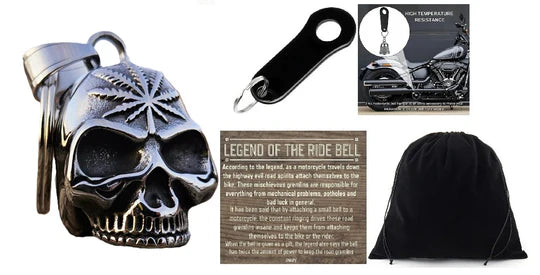 SKULL 3-D WEED LEAF THE RIDE BELL & BLACK HANGER