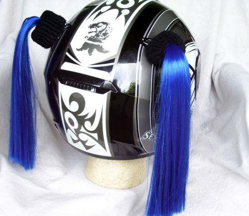 Blue Ladies Helmet Pigtails Works On Any Motorcycle Skate or Snow Helmet